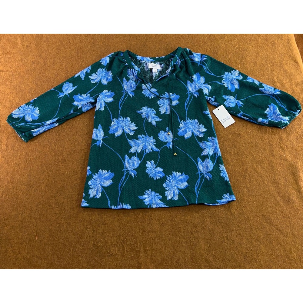Croft & Barrow Womens XS Green Blue Floral Tie Neck Long Sleeve Blouse NWT